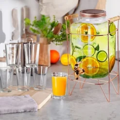 Dryckesburk med kran och guldfärgat stativ 5,5 l + 12 glas 200 ml