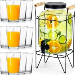 Dryckesburk med kran och stativ, svart, 4,2 l + 12 glas, 200 ml