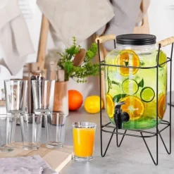 Dryckesburk med kran och stativ, svart, 4,2 l + 12 glas, 200 ml