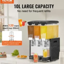 Dryckesdispenser, 3 behållare à 10 L, 43x41x68 cm, rostfritt stål