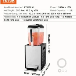 Dryckesautomater-Dryckesdispenser, 12 L, 22,5x43x68 cm, Rostfritt stål