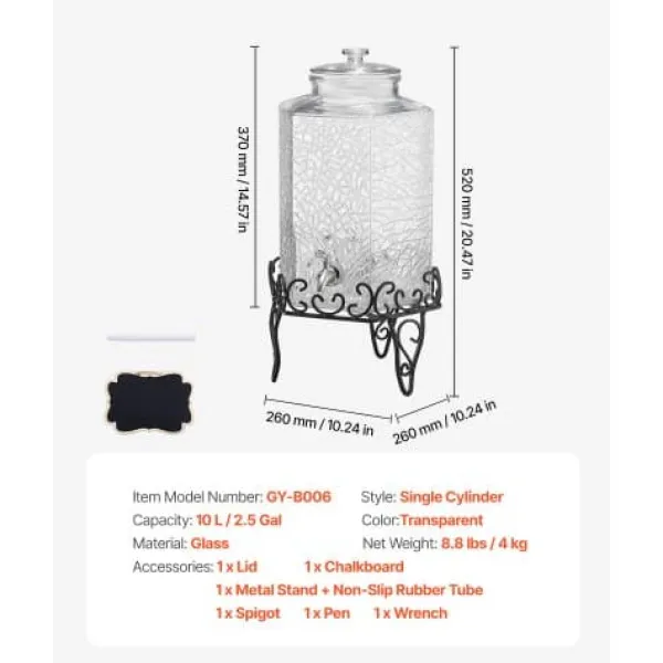 Dryckesdispenser, 40x21x21 cm, 10L, Glas, Transparent, Metallställ