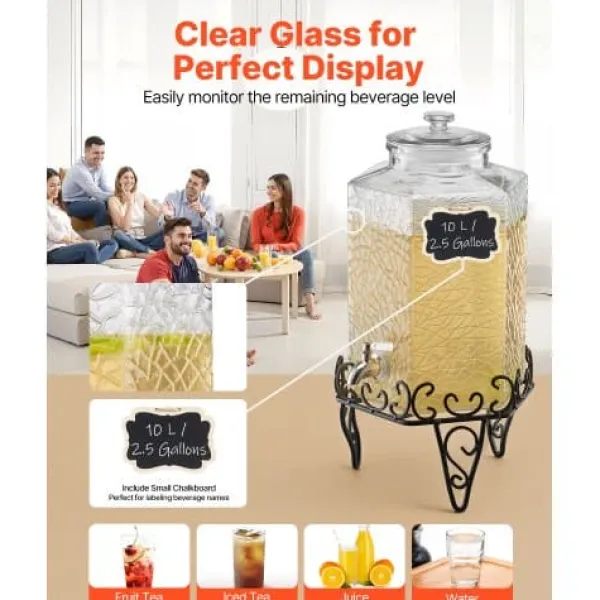 Dryckesdispenser, 40x21x21 cm, 10L, Glas, Transparent, Metallställ