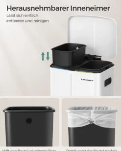 Soptunnor & Papperskorgar-Dubbel soptunna, 2 x 20 l kökssoptunna, trappstegsbehållare i metall med dubbla fack, innerhinkar i plast, lock med mjuk stängning och handtag, luktt | CDON