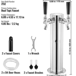 Dubbelkranar Fatölstornautomat, rostfritt stål, Kegerator Tower Kit med förmonterad slang och självstängande kran för fest och bar