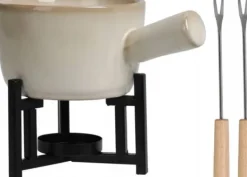 Fondueset-Eh Excellent Husgeråd Sūrio fondiu rinkinys, porcelianinis puodas, 2 šakutės