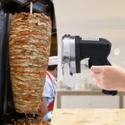 Elektrisk kebabskärare - Handhållen gyroskniv - 80 W Effekt - Justerbar skärtjocklek - Rostfritt stålblad - Bladslipare - Röd