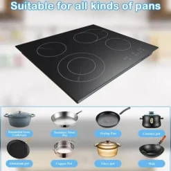 Spishällar-Elektrisk keramikhäll, touchkontroll, säkerhetslås, 4 inbyggda brännare