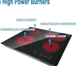 Spishällar-Elektrisk keramikhäll, touchkontroll, säkerhetslås, 4 inbyggda brännare