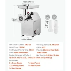 Matkvarnar-Elektrisk köttkvarn, 43x24,8x44 cm, rostfritt stål, kraftig