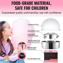Elektrisk sockervaddsmaskin 1000 W, kommersiell godismaskin med lock, rostfri skål och sockerskopa, perfekt för evenemang