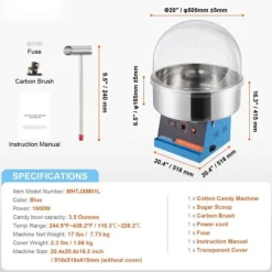 Maskiner För Spunnet Socker-Elektrisk sockervaddsmaskin 1000 W, kommersiell godismaskin med lock, rostfri skål och sockerskopa, perfekt för fest och evenemang