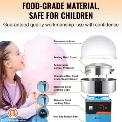 Elektrisk sockervaddsmaskin 1000 W, kommersiell godismaskin med lock, rostfri skål, sockerskopa, perfekt för fest och evenemang
