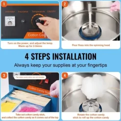 Elektrisk sockervaddsmaskin 1000 W, kommersiell godismaskin med lock, rostfri skål, sockerskopa, perfekt för fest och evenemang