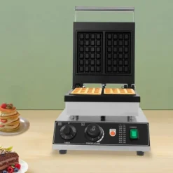 Elektriskt våffeljärn - Kommersiellt - Dubbelt, rektangulär form - 2000 W - Temperatur 50–300 °C - Timer 0–5 min - Gjutaluminium & rostfritt stål