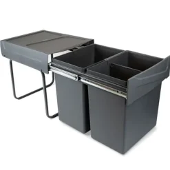 Källsorteringskärl--Emuca återvinningsbehållare med nedre montering och manuell utdragning för köksdelar Recycle, 2x20 liter, Grå plast