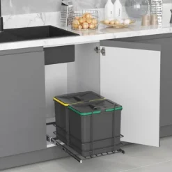 Källsorteringskärl-Emuca Återvinningsbehållare Recycle för kök, 2 x 16 L, fastsättning från botten och manuell uttagning, Grå antracitplast