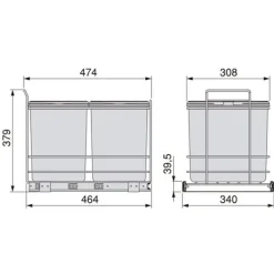 Källsorteringskärl-Emuca Återvinningsbehållare Recycle för kök, 2 x 16 L, fastsättning från botten och manuell uttagning, Grå antracitplast