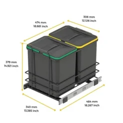 Källsorteringskärl-Emuca Återvinningsbehållare Recycle för kök, 2 x 16 L, fastsättning från botten och manuell uttagning, Grå antracitplast
