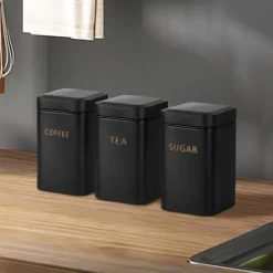 Förvaringsburkar-Ensemble 3 Lådor för Te Kaffe Socker 9x14,5cm Hermetisk Cheffinger Svart