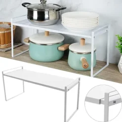 Expanderbar kökshylla, teleskopisk skåpinsats, för köksskåp och bänkskivor, vit