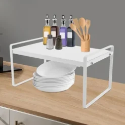 Expanderbar kökshylla, teleskopisk skåpinsats, för köksskåp och bänkskivor, vit