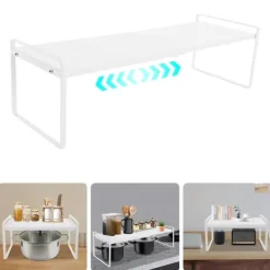 Expanderbar kökshylla, teleskopisk skåpinsats, för köksskåp och bänkskivor, vit