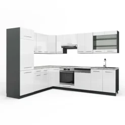 Monteringsfärdiga Kök & Pentryn-Fame-Line hörnkök, 227 x 287 cm, PT Marble, Blank vit/Antracit, Vicco