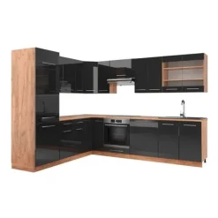 Monteringsfärdiga Kök & Pentryn-Fame-Line hörnkök, 227 x 287 cm, PT Ek, Blank antracit/Gyllene ek, Vicco