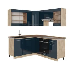 Fame-Line hörnkök, 160 x 190 cm, PT Ek, blank mörkblå/guld ek, Vicco