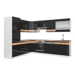 Monteringsfärdiga Kök & Pentryn-Fame-Line hörnkök, 227 x 287 cm, PT Ek, Blank svart ek/vit, Vicco