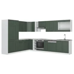 Monteringsfärdiga Kök & Pentryn-Fame-Line hörnkök, 347 x 257 cm, PT Marble, Landhaus Grön-Guld/Vit, Vicco