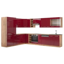 Monteringsfärdiga Kök & Pentryn-Fame-Line hörnkök, 347 x 257 cm, PT Ek, Bordeaux blank/Gyllene ek, Vicco