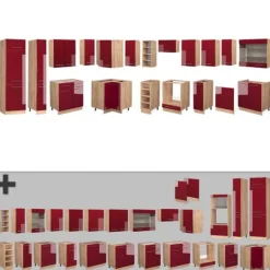 Monteringsfärdiga Kök & Pentryn-Fame-Line hörnkök, 347 x 257 cm, PT Ek, Bordeaux blank/Gyllene ek, Vicco