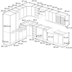 Monteringsfärdiga Kök & Pentryn-Fame-Line hörnkök, 257 x 60 cm, PT Marble, blank mörkblå/guld ek, Vicco