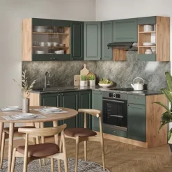 Fame-Line hörnkök, 160 x 60 cm utan bänkskiva, Grön ek och guld/guld ek, Vicco