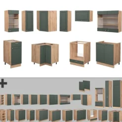 Fame-Line hörnkök, 160 x 60 cm utan bänkskiva, Grön ek och guld/guld ek, Vicco