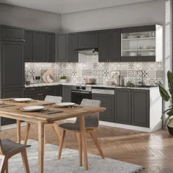 Monteringsfärdiga Kök & Pentryn-Fame-Line hörnkök, 227 x 60 cm utan bänkskiva, antracit-guld/vit, Vicco