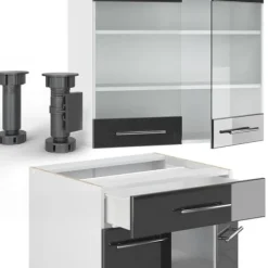 Monteringsfärdiga Kök & Pentryn-Fame-Line kök, 140 cm, PT Marble, Blank antracit/vit, Vicco