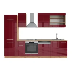 Fame-Line kök, 300 cm utan bänkskiva, blank vinröd/guld ek, Vicco