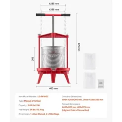 Juicepressar-Frukt Vinpress Manuell, Vinframställningspress 3,69 Gal/14L, Rostfritt Stål
