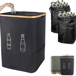 Källsorteringskärl-Förvaringsväska, 160L kapacitet, avtagbara handväskor,svart