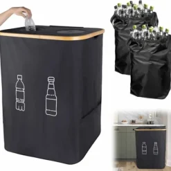 Källsorteringskärl-Förvaringsväska, 160L kapacitet, avtagbara handväskor,svart