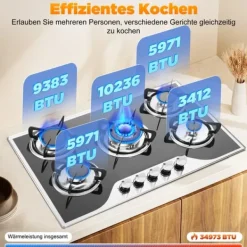 Gashäll - Inbyggnad/Bänkskiva - 5 Brännare - Härdat Glas - Gjutjärnsgaller - Elektronisk Tändning - Gasol/Naturgas