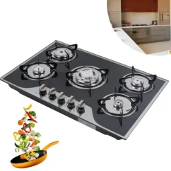 Gashäll - Inbyggnad/Bänkskiva - 5 Brännare - Härdat Glas - Gjutjärnsgaller - Elektronisk Tändning - Gasol/Naturgas