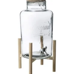 Dryckesautomater-Glasdryckfontän med bambuställning - 8L - Transparent/beige - H 46,5 x D 21 cm