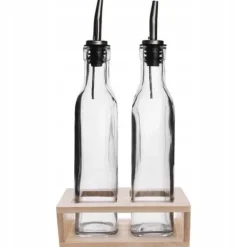 Glasflaskor - ORION - 300 ml - Praktisk dispenser - Trähållare - Transparent