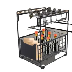 Köksorganiserare-Glidande Skåp Korgställ, Kolfiberstål, 37,4*28,2*44 cm, 2-Lagers Design, Högtemperatur Finish, Halkfri Fotplatta