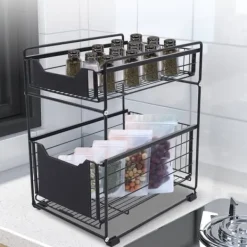 Köksorganiserare-Glidande Skåp Korgställ, Kolfiberstål, 37,4*28,2*44 cm, 2-Lagers Design, Högtemperatur Finish, Halkfri Fotplatta