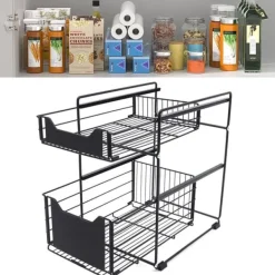 Köksorganiserare-Glidande Skåp Korgställ, Kolfiberstål, 37,4*28,2*44 cm, 2-Lagers Design, Högtemperatur Finish, Halkfri Fotplatta